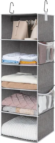 Vista 10 de StorageWorks Organizadores colgantes de armario con 5 estantes, organizador de almacenamiento plegable con 2 bolsillos laterales, estantes colgantes