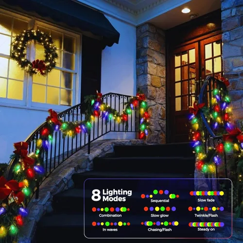 Vista 3 de 39 pies 100 luces LED solares C6 LED de Navidad – al aire libre, 8 modos C6 fresa multicolor cadena de luces para árbol de Navidad, vacaciones