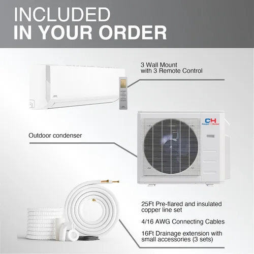 Vista 5 de Cooper & Hunter 36,000 BTU Tri 3 Zone 6K + 12K + 18K Montaje en pared Mini Split AC y bomba de calor - Kits inteligentes y kits de instalación de 25