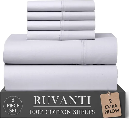 Vista 70 de RUVANTI Juego de sábanas de 4 piezas de algodón 100% natural de percal suave, ligero y transpirable, con bolsillos profundos de 16 pulgadas