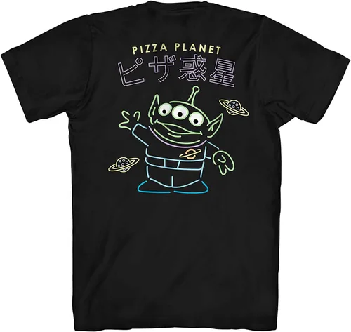 Vista 2 de Camiseta de Toy Story Group para hombre, Woody, Buzz Lightyear, Rex & Pizza Planet Aliens, hecha en los años 90 Kanji clásica