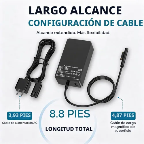 Vista 8 de Cargador Surface Pro de 65 W para Microsoft Surface Pro 7/6/4/3/8/9/11/5 Negro