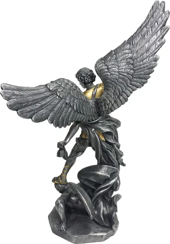 Vista 4 de 14 1/2 pulgadas de peltre y oro Arcángel San Miguel pisotea la escultura de la estatua del demonio