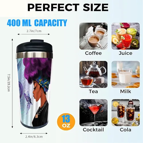 Vista 2 de Taza de café de viaje de 13 onzas para mujeres afroamericanas, taza de acero inoxidable con tapa, taza de viaje aislada al vacío de doble pared