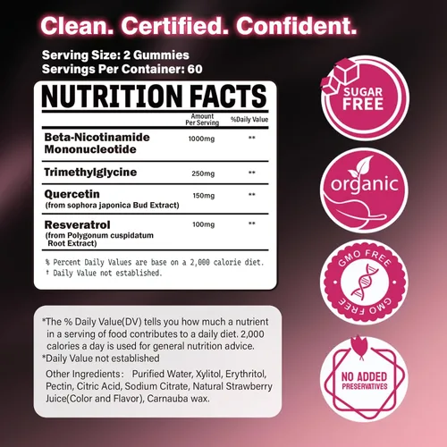 Vista 8 de Suplemento NMN de 1000 mg, gomitas liposomales de NMN 4 en 1 con resveratrol, quercetina y TMG para niveles de NAD+, alternativa a NMNH, apoya