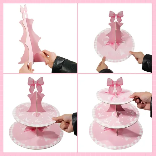 Vista 4 de Soporte redondo de 3 niveles para cupcakes con diseño de lazo rosa, capacidad para 8-12 cupcakes, impermeable y reutilizable, fácil de montar, ideal