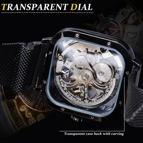 Vista 5 de FORSINING Relojes automáticos Reloj de pulsera mecánico dorado para hombre Relojes de esqueleto con esfera transparente de acero inoxidable