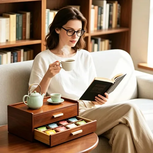 Vista 7 de Organizador de bolsas de té de madera con paspartú, bolsa de almacenamiento de té de madera, soporte para caja de té de doble cajón con 20