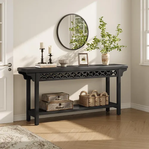 Vista 2 de LITTLE TREE Consola de 70.87 pulgadas de largo, mesa de entrada estrecha de madera maciza con estante, mesa de sofá rústica para sala de estar, Negro