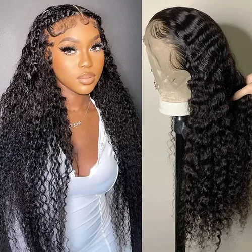 Vista 12 de Wingirl - Pelucas de cabello humano con encaje frontal HD de 13 x 4 pulgadas, prearrancadas con abuelitos 180 Density Brazilian Deep Wave Frontal