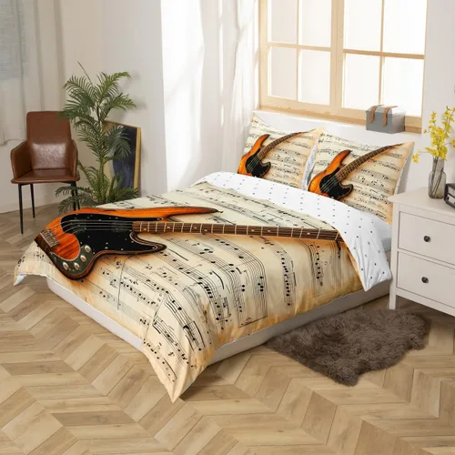 Vista 3 de Castle Fairy Juego de funda de edredón con estampado de guitarra, tamaño individual, juego de ropa de cama reversible con temática musical