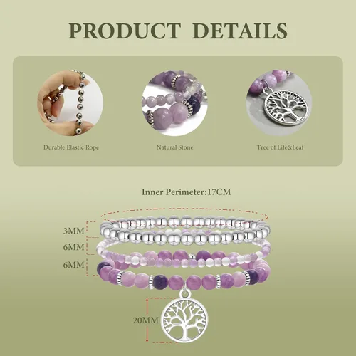 Vista 5 de TempBeau Life of Tree Bracelet for Women - Natural Stone Crystal Beaded Girl Stretch, Stackable Silver Chain Strand Set, Boho Bohemian Beach