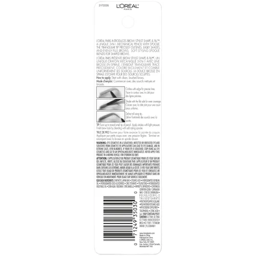 Vista 3 de L'Oreal Paris Lápiz de maquillaje mecánico para cejas con forma y relleno, color morena, 0.008 onzas Castaño