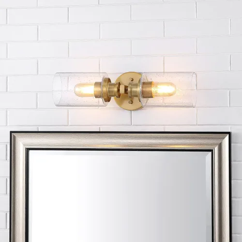 Vista 2 de JONATHAN Y Aplique de pared LED de latón dorado de 16.5 pulgadas, lámpara de tocador moderna de granja con pantalla de vidrio sembrado, accesorio