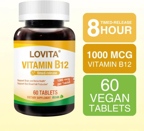 Vista 3 de LOVITA Vitamina B12 de liberación sostenida 1000 mcg (como cianocobalamina), liberación programada, 60 tabletas veganas para apoyo a la salud