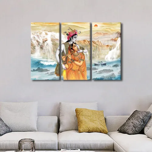 Vista 3 de Lienzo decorativo para pared para el hogar, arte moderno de dios indios, arte de pared, cascada montañas, arte de pared, arte de pared de 3 paneles
