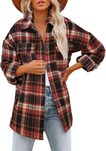 Vista 15 de Beaully Chaqueta-Camisa de Franela a Cuadros para Mujer, Trajes de Otoño 2025, Camisa de Manga Larga con Botones, Chaqueta Abrigo con Bolsillos Negro
