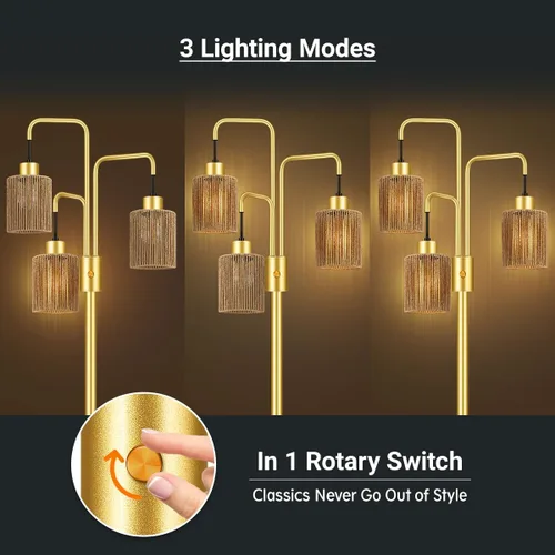 Vista 4 de Lámpara de pie industrial BoostArea para sala de estar, lámpara de pie moderna dorada con 3 luces, lámpara de pie para pararse con diseño simple
