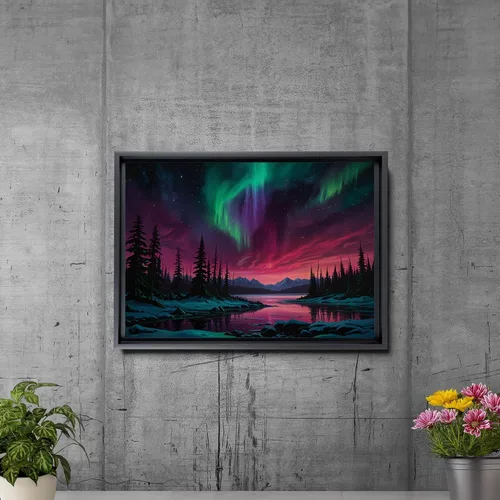 Vista 5 de Aurora Borealis, Northern Lights Art, framed canvas print, snow capped mountain landscape art, synthwave vaporwave, Art Decor, Wall