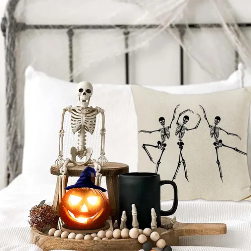 Vista 3 de JOOCAR Fundas de almohada de calavera de Halloween, diseño de esqueleto, divertida funda de cojín para sofá, decoración del hogar, 16 x 16 pulgadas