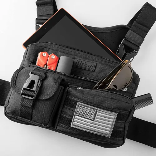 Vista 7 de Fitdom Paquete de Pecho Deportivo Utilitario Inspirado en Táctica. Bolsa de Pecho Para Hombres Con Soporte Para Teléfono Incorporado. Este Chaleco
