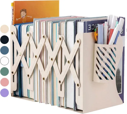 Vista 7 de Sujetalibros Kingsmile, sujetalibros ajustables para estantes, sujetalibros de metal para libros pesados, organizador de topes de libros con porta