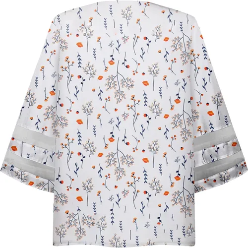 Vista 4 de Blusas de tubo para mujer, estilo hawaiano, manga 34, cuello en V, encaje de retazos, para festivales, tallas grandes, ajuste floral, blusas