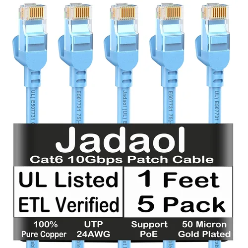 Vista 34 de Cable Ethernet Cat 6 de 1 pie (paquete de 6), para exteriores e interiores, compatible con red Cat7 de 10 Gbps, cable de conexión LAN plano