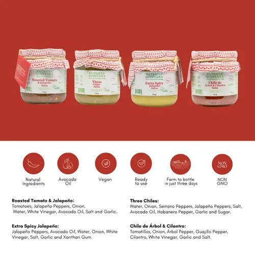Vista 3 de Patricia Quintana Auténtico paquete de muestras de salsa mexicana – Disfruta de tomate asado y salsa jalapeño, salsa jalapeño extra picante, salsa