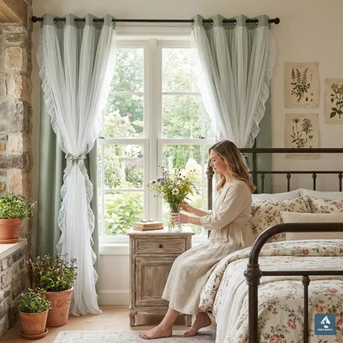 Vista 18 de PONY DANCE Cortinas con Volantes de Doble Capa con Superposición Transparente, Decoración Elegante para Ventanas de Diseño Rústico Francés de Campo