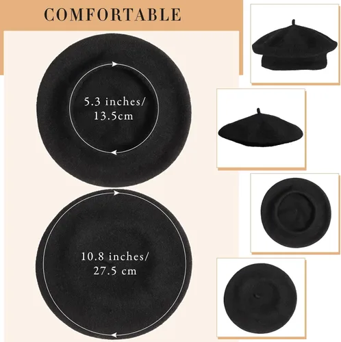 Vista 3 de 15 piezas de boina de lana para mujer, boina francesa de lana, boina de artista, gorra de invierno de color sólido para mujeres y niñas (negro)