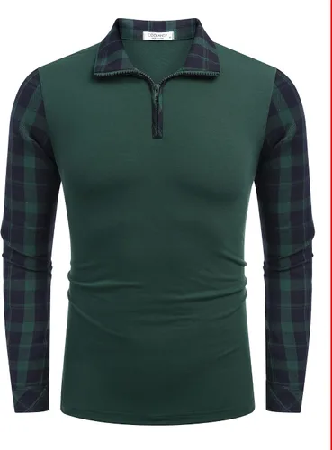 Vista 2 de Coofandy Polo de manga larga para hombre, estilo casual, ajustado, con cremallera, a cuadros