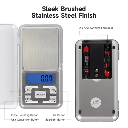 Vista 4 de Báscula digital compacta de bolsillo, panel de acero inoxidable, 17.64 oz, 0.00 oz de precisión, báscula digital portátil de cocina con pantalla LCD