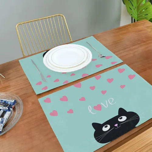 Vista 3 de Juego de 6 manteles individuales con diseño de gato negro y corazones rosados, lavables para cocina, mesa de comedor, resistentes al calor, manteles