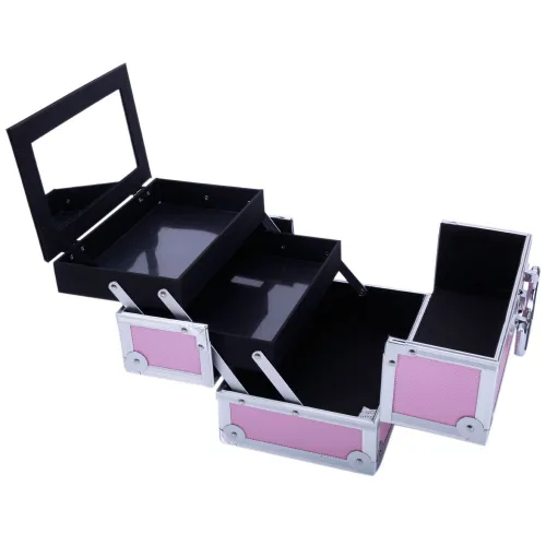 Vista 3 de Estuche de tren de maquillaje portátil profesional, estuche de aluminio para maquillaje, joyero, organizador de almacenamiento de cosméticos con Rosa