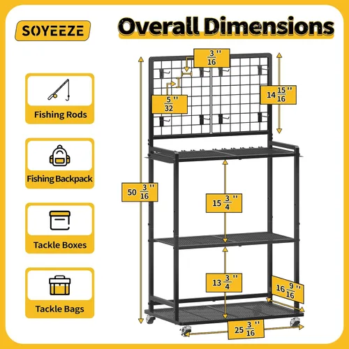 Vista 2 de SOYEEZE Soportes para cañas de pescar de gran tamaño para garaje, estante para cañas de pescar de servicio pesado de 3 niveles con tablero perforado