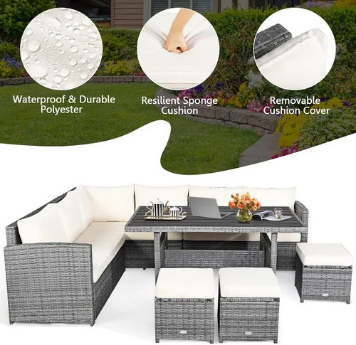 Vista 8 de HAPPYGRILL Juego de muebles de mimbre de ratán de 7 piezas, juego de muebles de patio al aire libre con cojines, juego de sofá de ratán con mesa