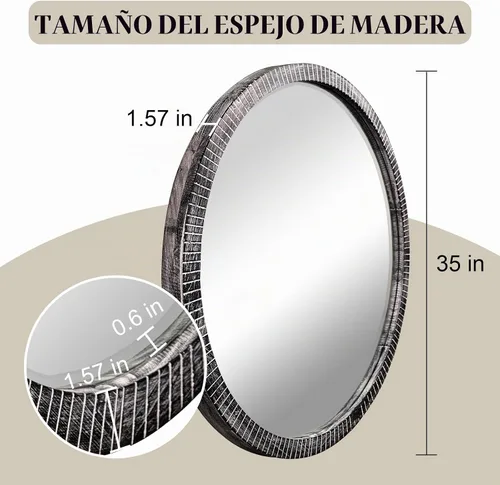 Vista 3 de Espejo redondo de madera de 35 pulgadas, espejo de madera grande de granja, negro lavado Rustic Wood Round Mirror for Wall Decor, Beleved