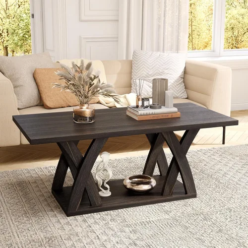 Vista 9 de FROMJBEST - Mesa de café de estilo rústico con estante, mesa de café moderna, mesa de café negra para sala de estar, mesas de sala de estar, 47" Gris