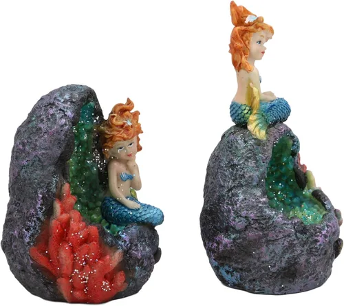 Vista 4 de Ebros - Juego de 2 sirenas de fantasía para decoración del hogar (cola azul), diseño de sirenas de cristal de geoda, diseño de corales bajo el mar