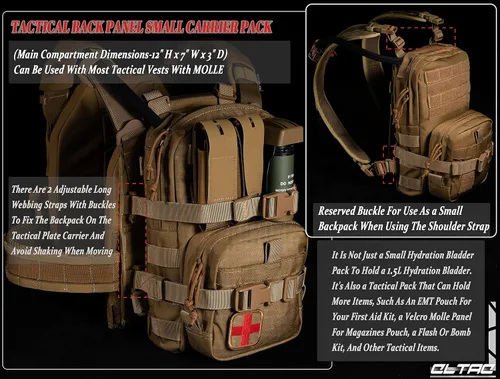 Vista 3 de Paquete de Hidratación Táctica Pequeña MOLLE Transportador de Vejiga de Agua para Exteriores para Chaleco Mochila, Negro, Mochilas Daypack