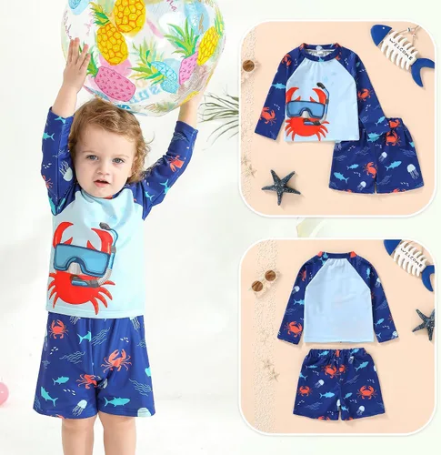 Vista 4 de Happy Town Trajes de baño para niños pequeños, conjuntos de camiseta de natación de manga larga, trajes de baño, trajes de baño de verano