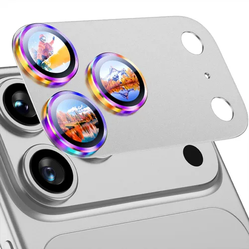 Vista 20 de Uyiton Protector de lente de cámara para iPhone 17 Pro - [Tipografía única + lente de teléfono diseño de círculo rojo] Cubierta de cámara de vidrio