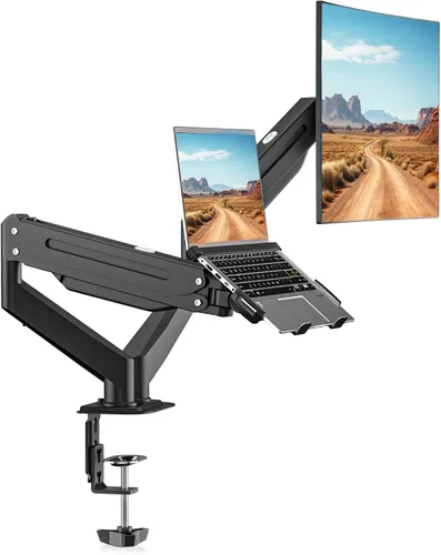 Vista 10 de Suptek - Soporte de escritorio para portátil con brazo ajustable para monitor único con bandeja ventilada, hasta 17 pulgadas, soporta hasta 22 libras