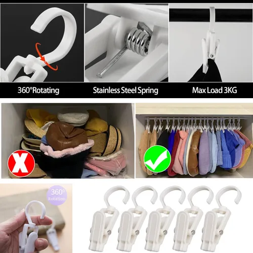 Vista 7 de AKOAK 10 piezas de clip de plástico blanco para sombreros, clip de lavandería multifunción giratorio para cortinas para colgar bufandas