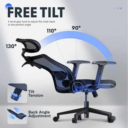 Vista 7 de FLEXISPOT Silla de oficina ergonómica, sillas de escritorio de oficina en casa con soporte lumbar ajustable, reposabrazos, bloqueo de inclinación