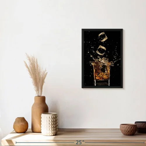 Vista 7 de ElephantStock - Arte de pared con salpicaduras de hielo de whisky - Lienzo enmarcado flotante vertical - Decoración de pared de comedor - Arte