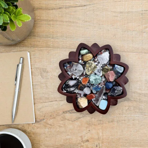Vista 6 de Bandeja de cristal de loto de madera para piedras, muestra tus cristales y piedras curativas, soporte de cristal para exhibición de rocas, cuenco