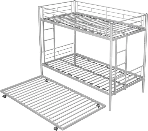 Vista 6 de EMKK Litera de metal individual sobre cama individual con nido para 3 niños/adultos, litera convertible con 2 escaleras laterales y barandilla