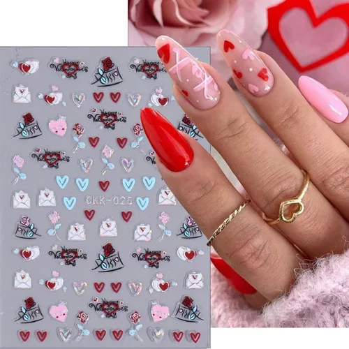 Vista 2 de 8 hojas de calcomanías de arte de uñas para el día de San Valentín, autoadhesivas, 3D, color plateado, rosa, rojo, labios, letras de corazón, diseño
